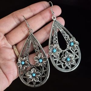 Western Boho Silver Turquoise Teardrop Earrings Dangle Jewelry Boheme